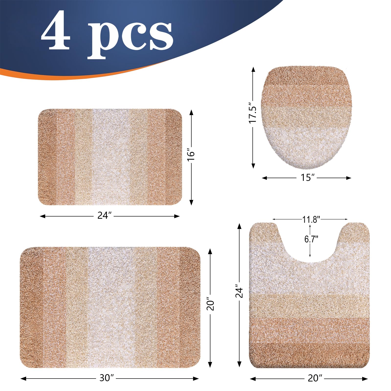 OLANLY Bathroom Rugs Sets 4 piece, Soft Microfiber Absorbent Bath Mat, U-Shaped Contour Toilet Mat and Toilet Lid Cover, Quick Dry, Machine Washable, Toilet Cover and Rug Set for Bathroom, Grey