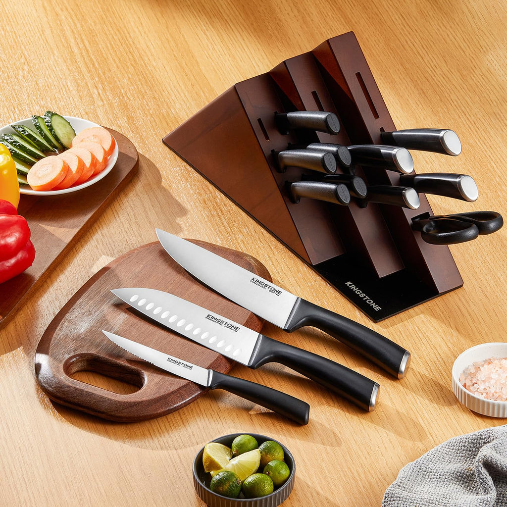 KINGSTONE 14-Piece Kitchen Knife Set with Block, High-Carbon Stainless Steel Knives Set, Ergonomic Non-Slip Handle, Professional Knife Set for Kitchen for Home Cooking & Gifting, Walnut