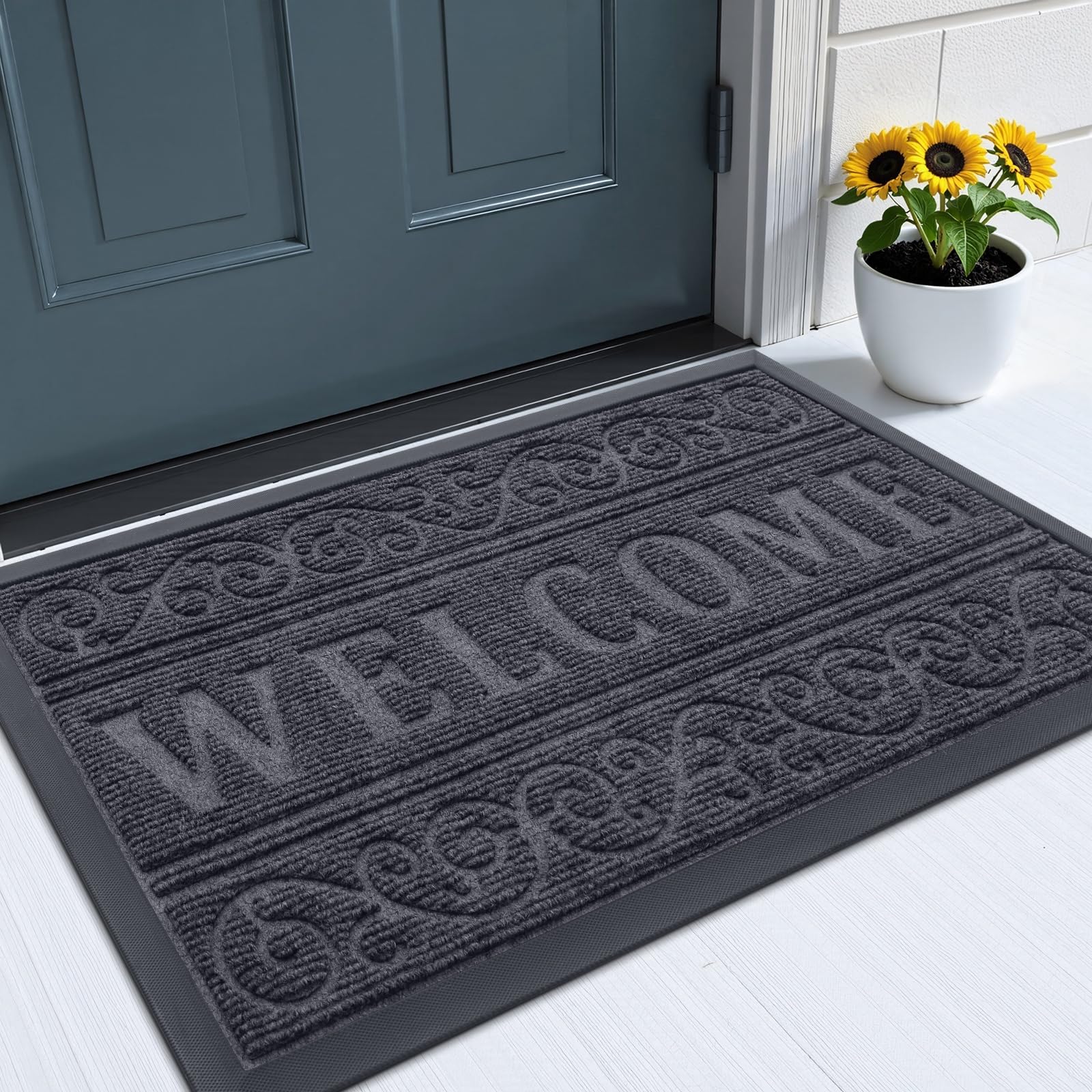 OLANLY Front Door Mat Outside Entrance 29.5x17, Absorbent, Heavy Duty Sturdy Natural Rubber Doormat Indoor Outdoor, Stain and Fade Resistant, Non-Slip Backing Low Profile Floor Mat for Entryway, Grey