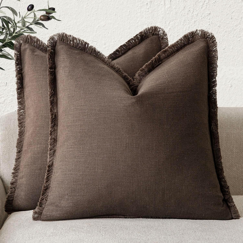 Foindtower Set of 2 Decorative Linen Fringe Throw Pillow Covers Cozy Boho Farmhouse Cushion Cover with Tassels Soft Accent Pillowcase for Couch Sofa Bed Living Room Home Decor,18×18 Inch,Navy Blue