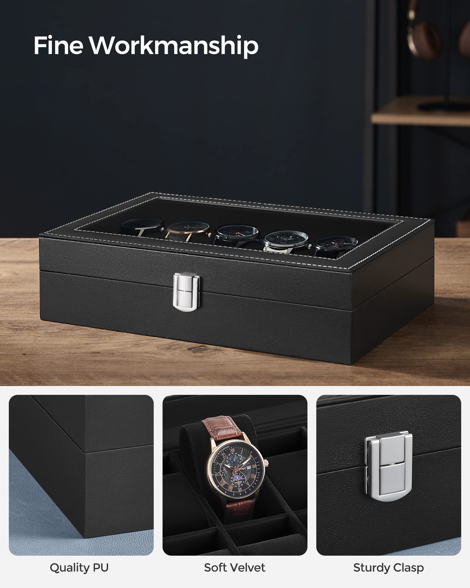 SONGMICS Watch Box, 12-Slot Watch Case Organizer with Large Glass Lid, Removable Pillows, Gift for Loved Ones, Black Synthetic Leather, Gray Lining UJWB12BK