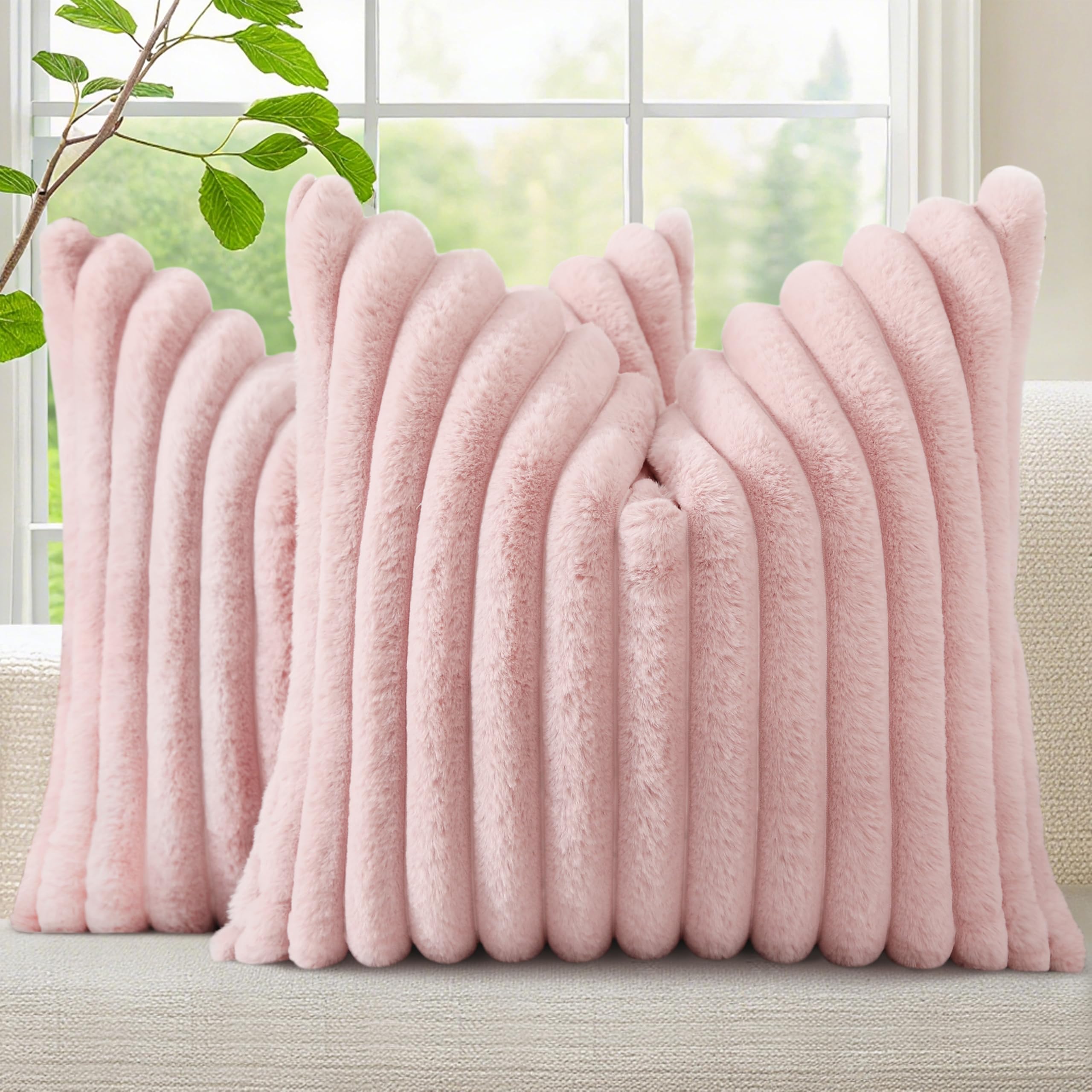 decorUhome Cozy Faux Fur Spring Throw Pillow Covers 18x18 Set of 2 Decorative Soft Plush Striped Modern Farmhouse Boho Couch Pillow Cases with Velvet Back for Sofa Bed Living Room, Cream White