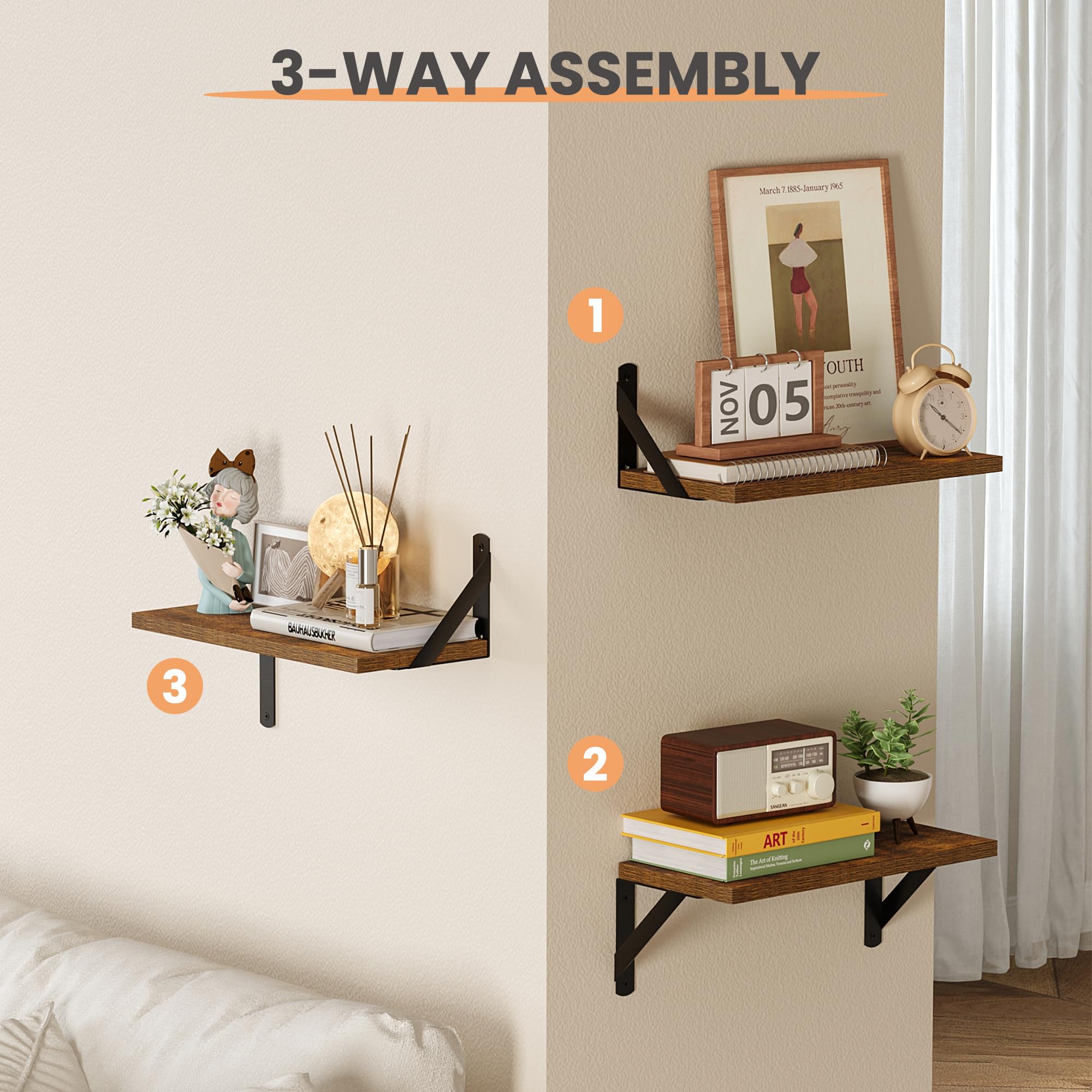 upsimples Floating Book Shelves for Wall, 15.7 Inches Wood Shelves for Living Room, Bathroom, Bedroom, Kitchen Storage and Decoration, White