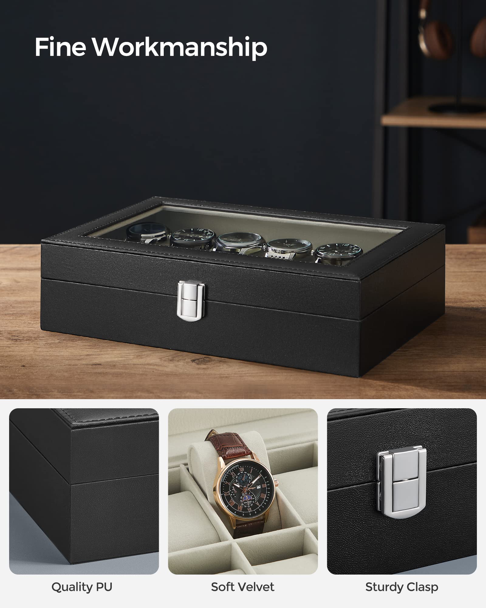 SONGMICS Watch Box, 12-Slot Watch Case Organizer with Large Glass Lid, Removable Pillows, Gift for Loved Ones, Black Synthetic Leather, Gray Lining UJWB12BK
