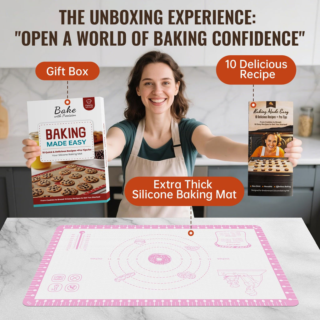 Silicone Baking Mat with Recipes, Extra Thick Silicone Mats for Baking, Non Stick Pastry Mat for Rolling Dough, Silicone Macaron Baking Mat for Cookie,Bread,Pizza,Fondant Mat, Oven&Dishwasher Safe