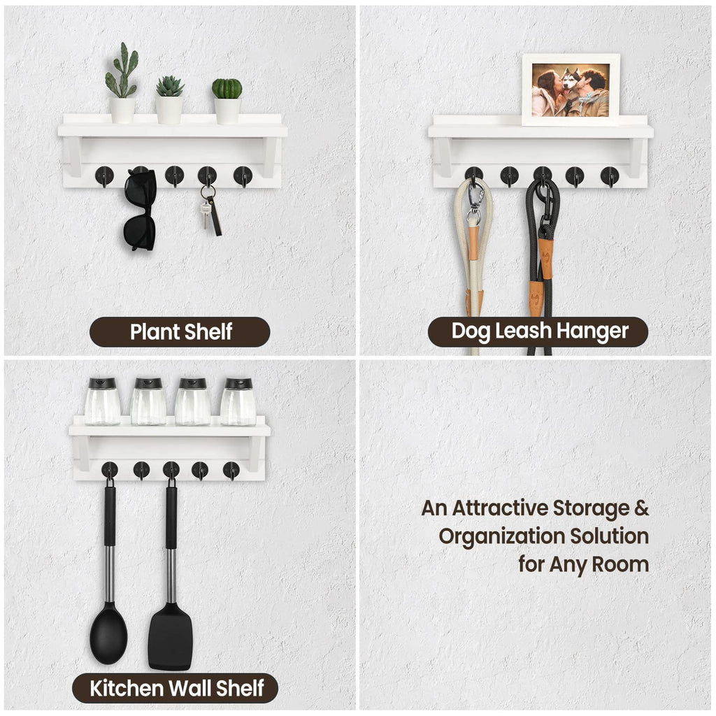 Wall Key Holder with Shelf, Rustic Shelf with Hooks Made of Paulownia Wood Holds Keys, Dog Leash, Bags and More - 13.7" W x 4.7" H x 3.5" D Decorative Key Hanger and Entryway Shelf (Gray)