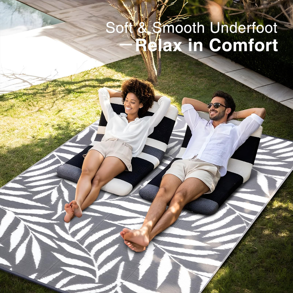 OLANLY Waterproof Outdoor Rug 5x8 ft, Reversible Outdoor Plastic Straw Rug with Leaf Pattern, RV Mat, Indoor Outdoor Carpet for Patio, Camping, Balcony, Deck, Backyard, Grey & White