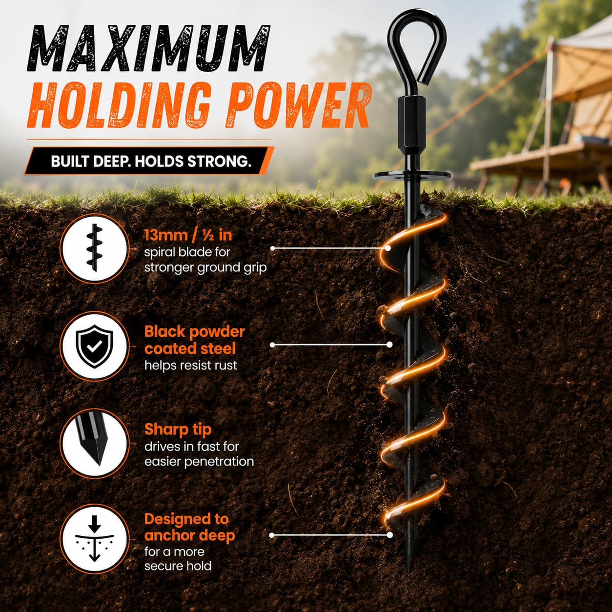 Ground Anchors Screw in Heavy Duty - 4 Pack with Power Nut Driver Drill Bit, Spiral Ground Stakes, Swing Set Anchors, Trampoline Tie Down Kit, High Wind Tent Stakes for Canopy, Car Port, RV Awning