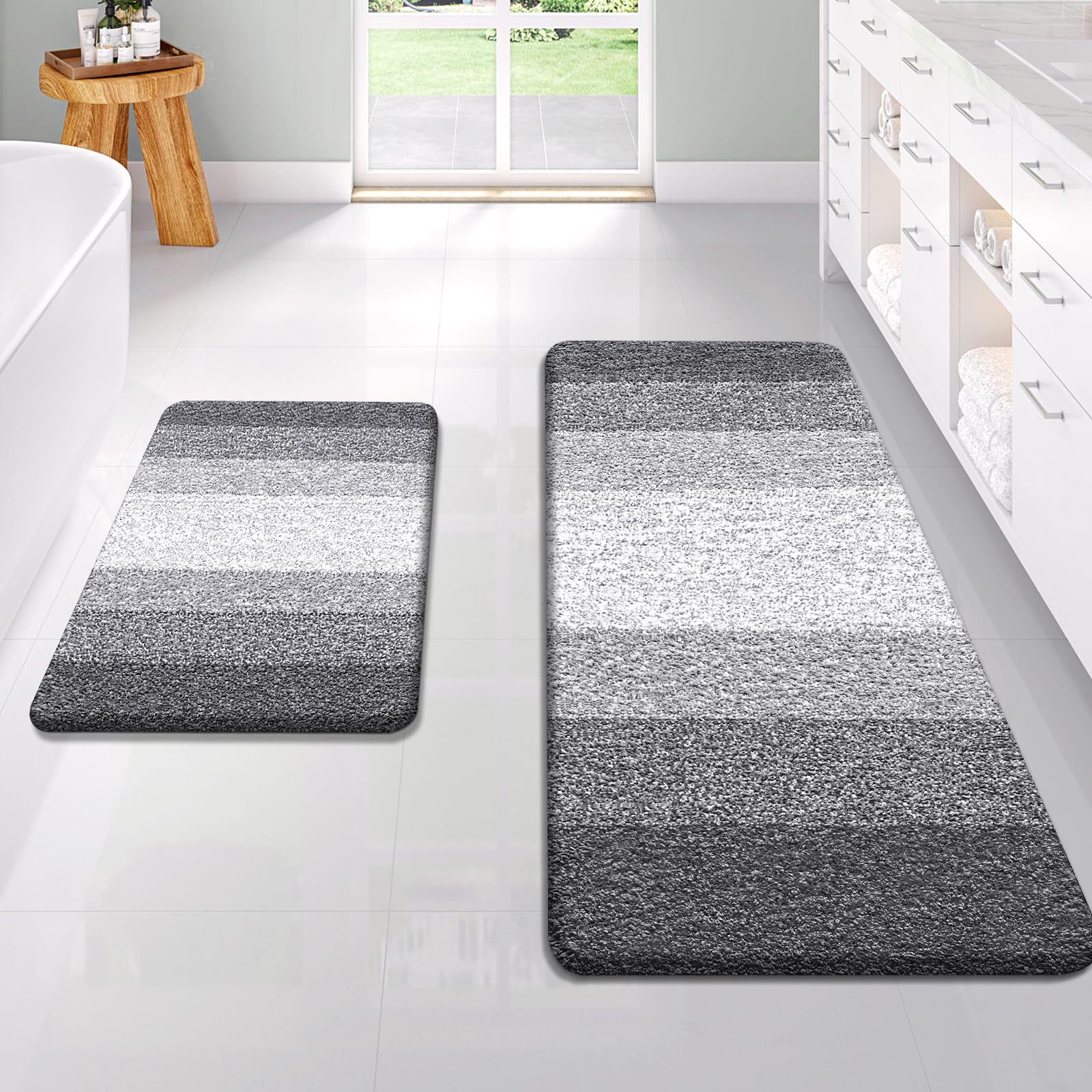 OLANLY Bathroom Rug Set 2 Piece, Soft Absorbent Microfiber Bath Mats and U-Shaped Contour Toilet Rug, Non-Slip, Machine Wash Dry, Plush Shaggy Bath Mats for Bathroom (24"x16"+24"x20", Grey)