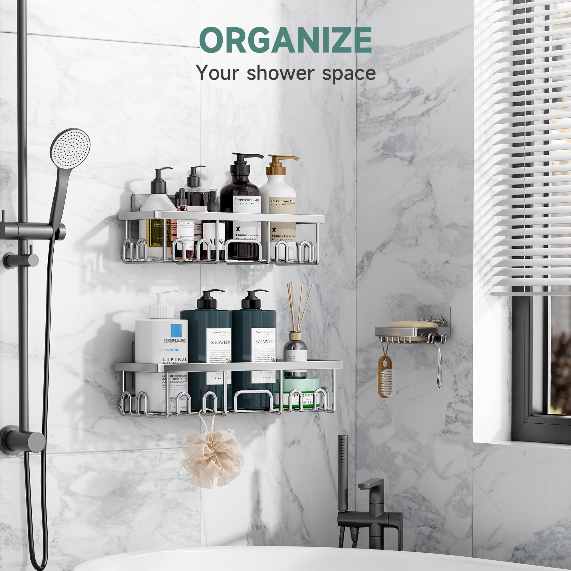 Veken Shower Caddy 6-Pack, Advanced Rustproof Design, No Drilling Adhesive Shelves, Rack with Soap Holder, Large Capacity Bathroom Organizers and Storage, Wall-Mounted Kitchen & Home Decor