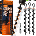 Ground Anchors Screw in Heavy Duty - 4 Pack with Power Nut Driver Drill Bit, Spiral Ground Stakes, Swing Set Anchors, Trampoline Tie Down Kit, High Wind Tent Stakes for Canopy, Car Port, RV Awning