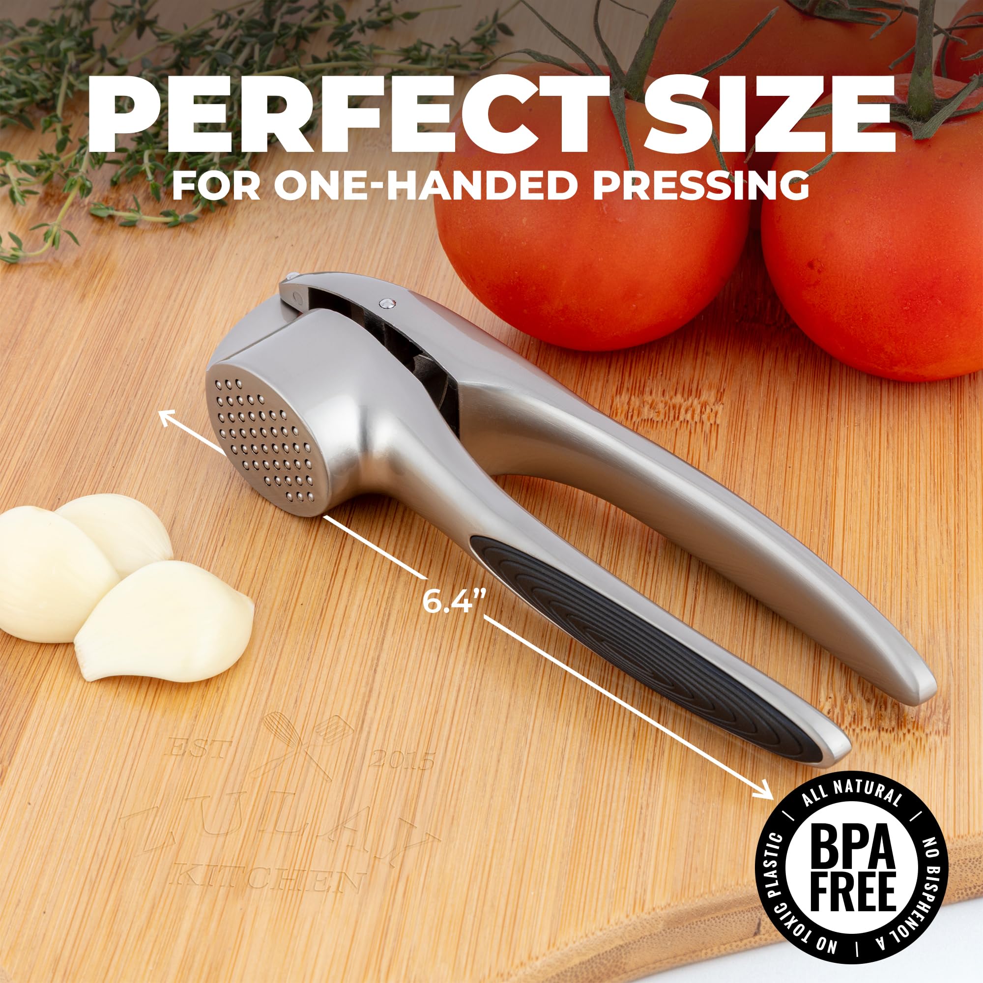 Zulay Kitchen Premium Garlic Press Set - Rust Proof Professional Garlic Mincer Tool - Easy-Squeeze, Easy-Clean with Soft, Ergonomic Handle - Silicone Garlic Peeler & Brush (Silver)