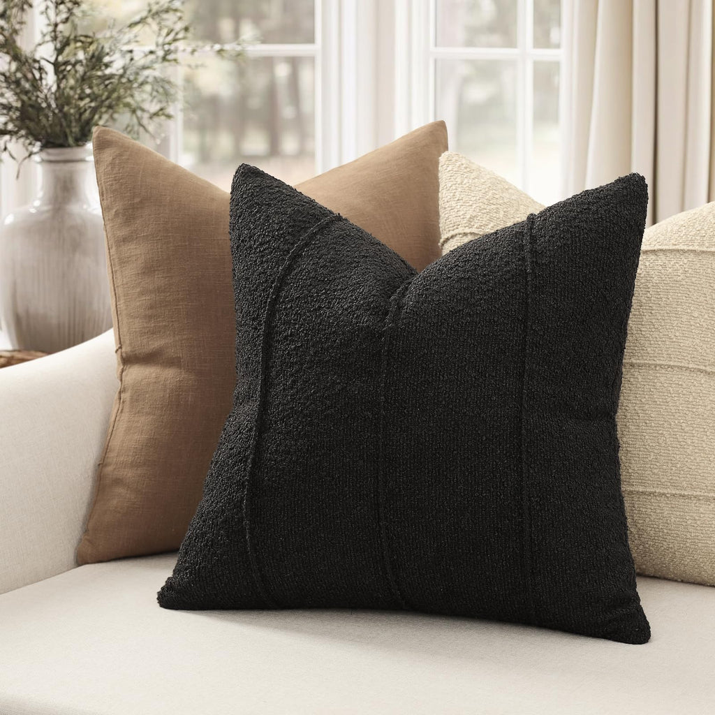 YCOLL Textured Boucle Throw Pillow Covers 20x20 Pack of 2 - Soft Neutral Striped Cushion Covers, Cozy Accent Decorative Pillow Covers for Couch, Sofa, Bed, Living Room (Beige)