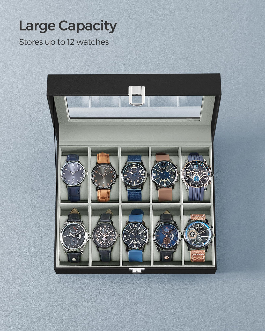 SONGMICS Watch Box, 12-Slot Watch Case Organizer with Large Glass Lid, Removable Pillows, Gift for Loved Ones, Black Synthetic Leather, Gray Lining UJWB12BK