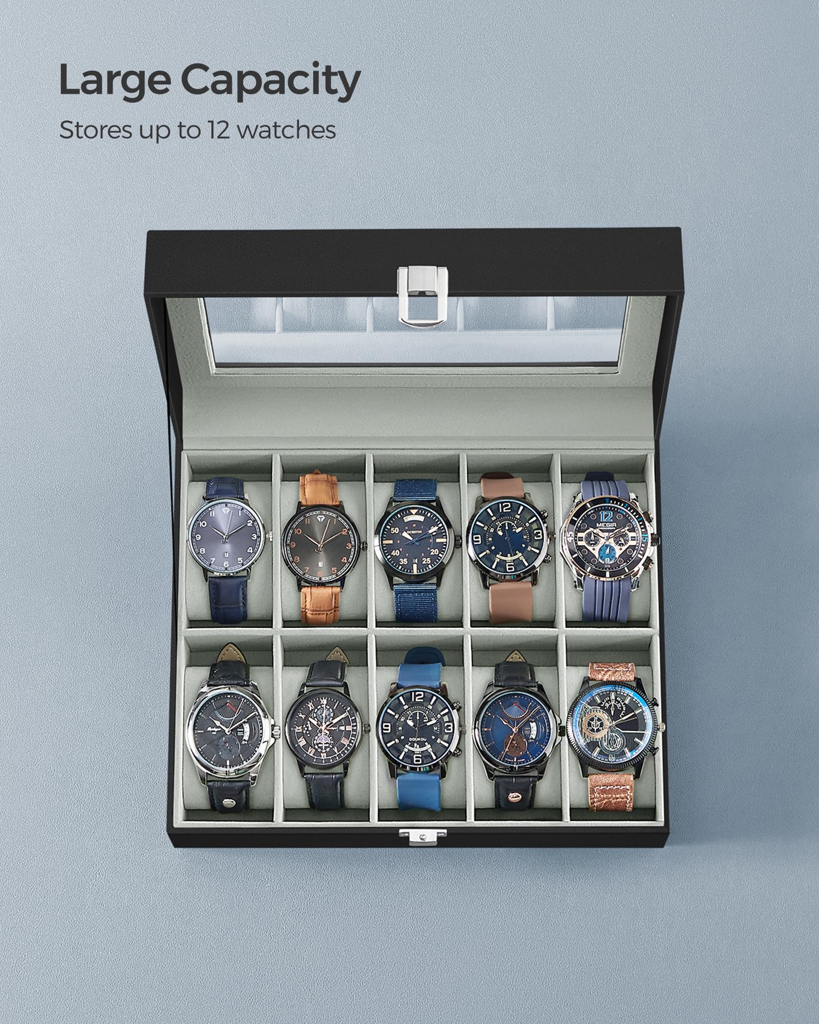 SONGMICS Watch Box, 12-Slot Watch Case Organizer with Large Glass Lid, Removable Pillows, Gift for Loved Ones, Black Synthetic Leather, Gray Lining UJWB12BK