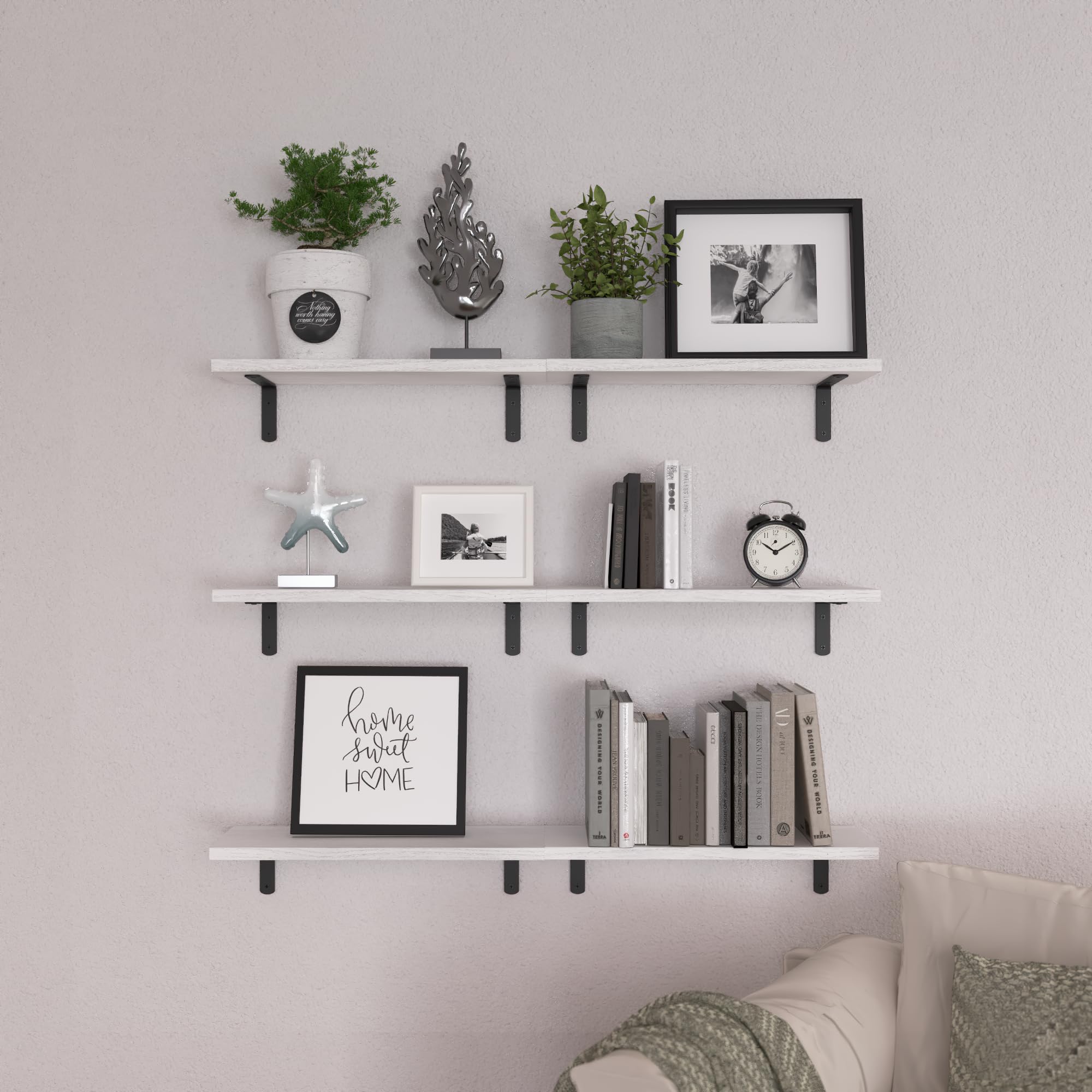 WOPITUES Wood Floating Shelves Set of 6, Shelves for Wall Decor, Farmhouse Shelf for Bedroom, Bathroom Storage Shelves, Book Shelves for Living Room - Rustic Brown