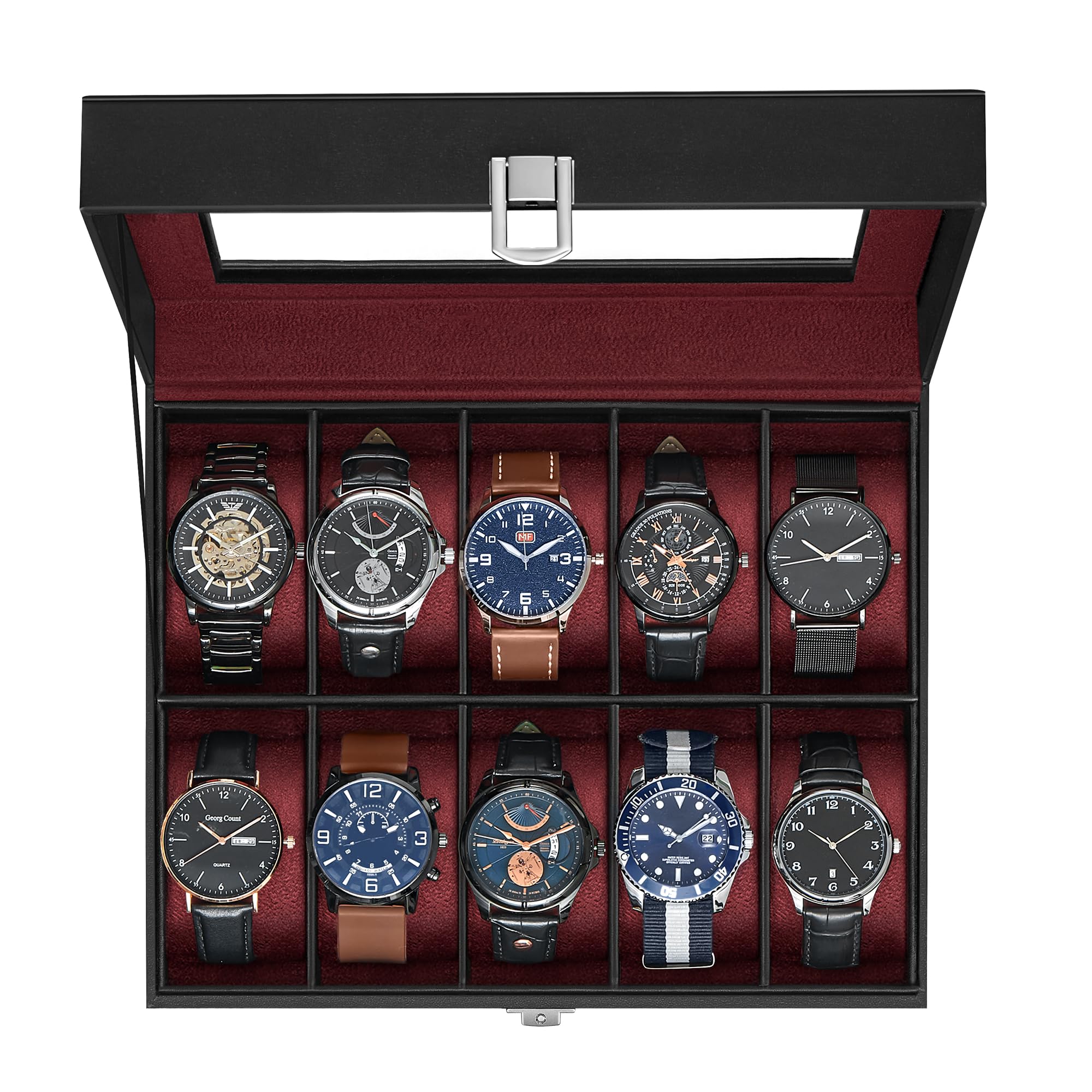 SONGMICS Watch Box, 12-Slot Watch Case Organizer with Large Glass Lid, Removable Pillows, Gift for Loved Ones, Black Synthetic Leather, Gray Lining UJWB12BK