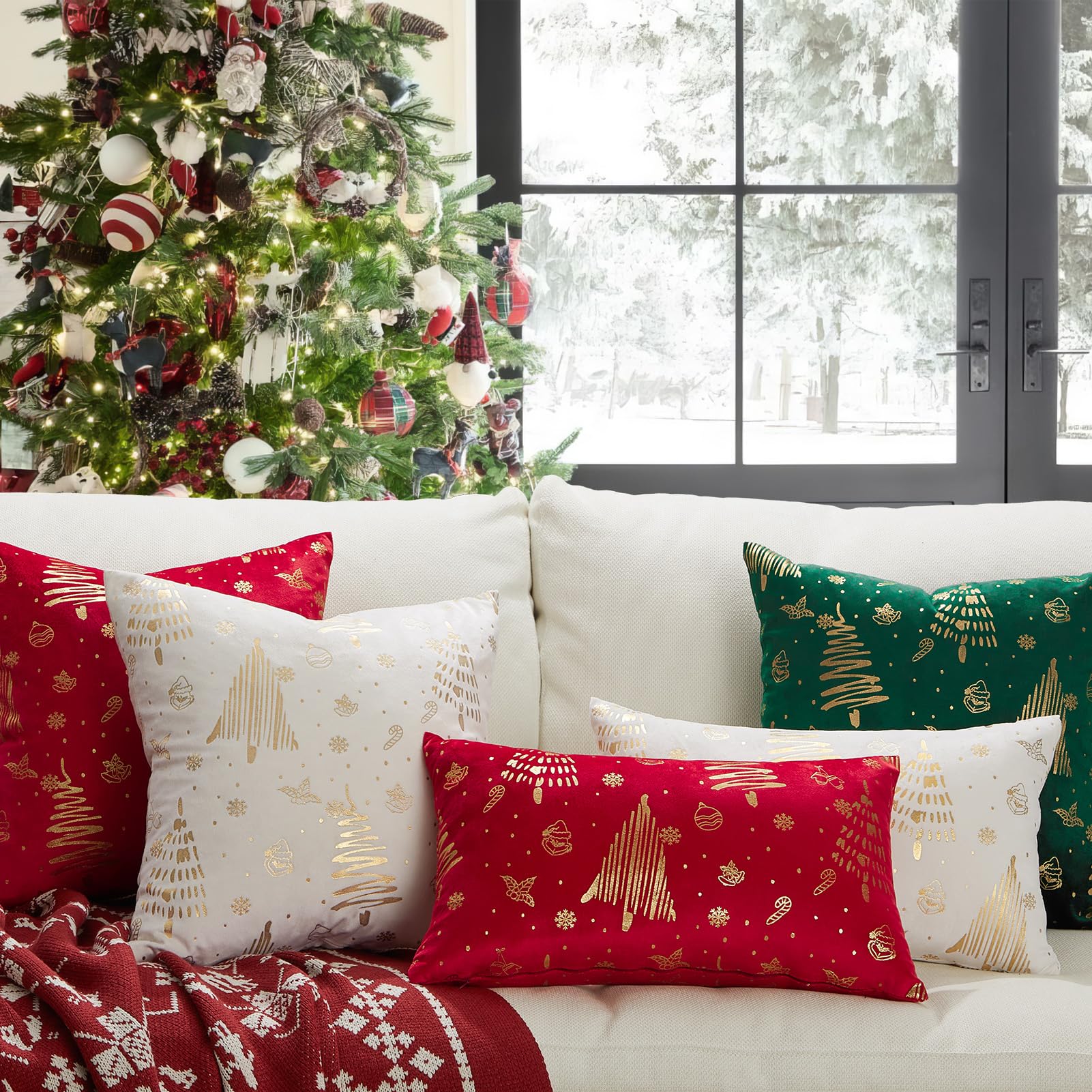 Topfinel Christmas Velvet Throw Pillow Covers Set of 2,Decorative Pillow Cover Red Xmas Gold Stamping Cushion Cases for Bedroom Livingroom Couch Christmas Indoor Home Decor 18x18 Inches