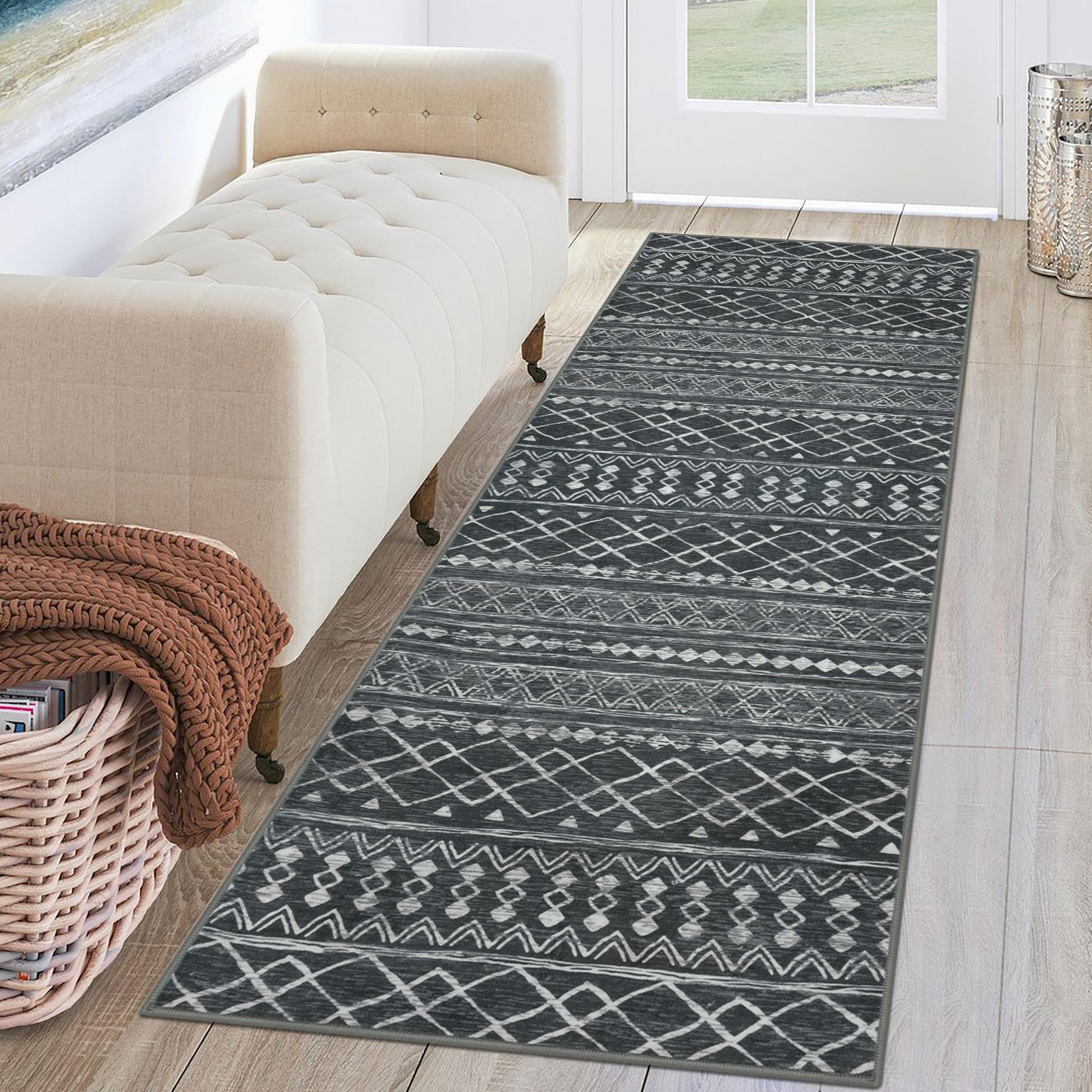 KUTA Washable Non-Slip Rugs for Entryway 2x3, Grey Moroccan Boho Small Area Rug, Ultra Soft Vintage Geometric Low-Pile Indoor Door Mat Floor Carpet for Indoor, Entrance, Kitchen, Bathroom, Bedroom