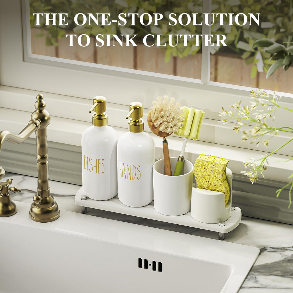 Cisily Kitchen Soap Dispenser Set Comes with Ceramics Sponge Holder, Gold Pumps, and Instant Dry Tray, Hand and Dish Soap Dispenser Set (4, Gold + White + Sponge Holder)