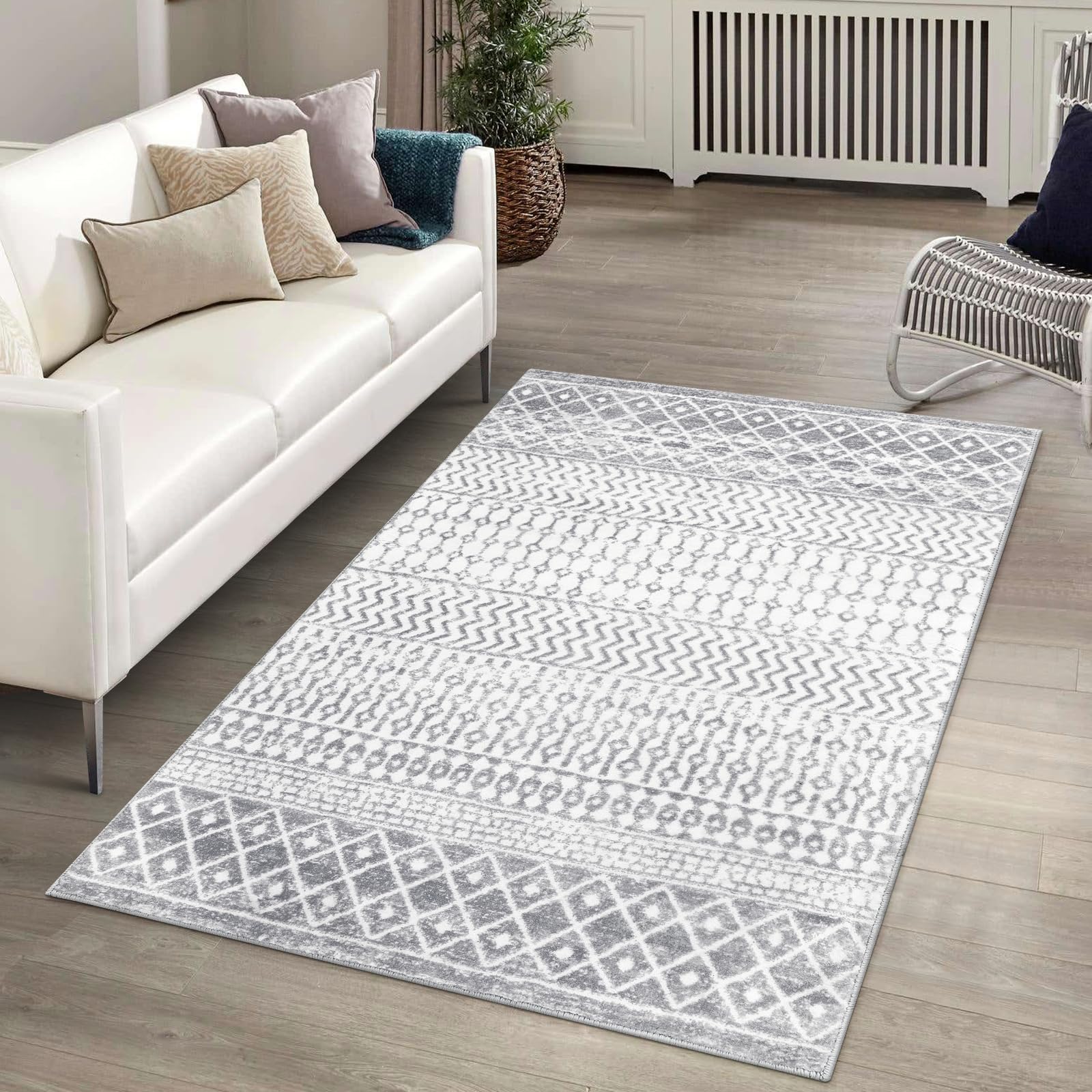 Moroccan Washable Rugs, 2x3 Light Grey Rug Non-Slip Small Distressed Entryway Rugs, Soft Low-Pile Bedroom Rug Indoor Doormat Carpet for Entryway Kitchen Bathroom