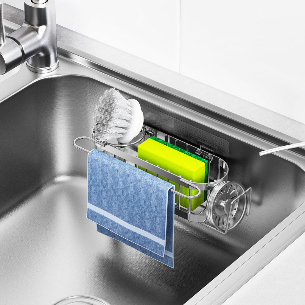 Cisily Organizador de Fregadero de Cocina con Soporte para Esponja en el Fregadero, Organizador de Fregadero de Cocina de Acero Inoxidable, Soporte para Cepillo, Percha para Paños de Platos, Soporte