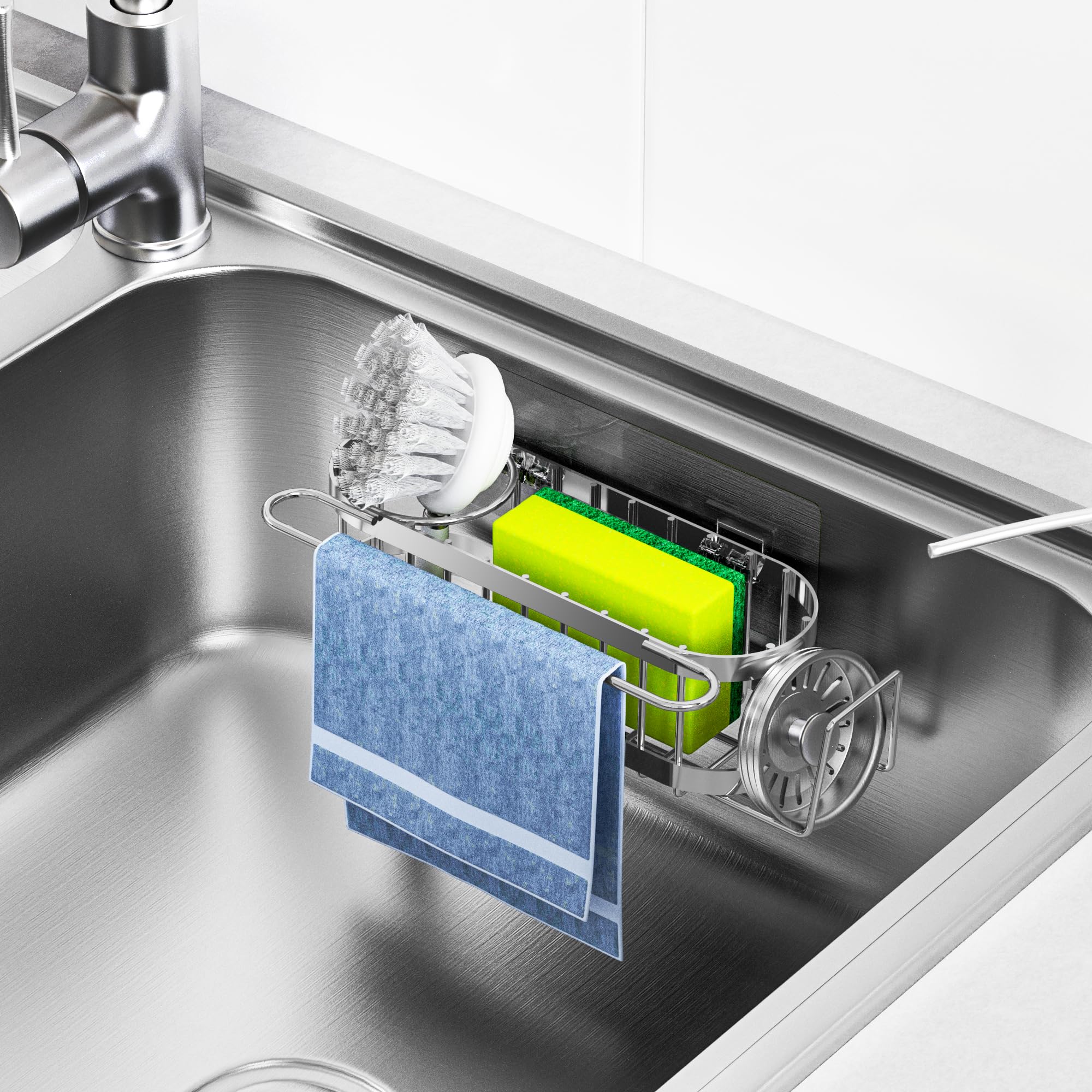 Cisily Organizador de Fregadero de Cocina con Soporte para Esponja en el Fregadero, Organizador de Fregadero de Cocina de Acero Inoxidable, Soporte para Cepillo, Percha para Paños de Platos, Soporte