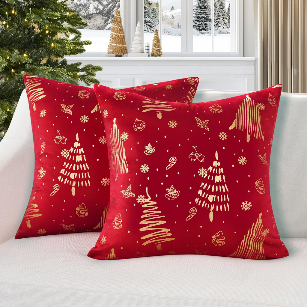 Topfinel Christmas Velvet Throw Pillow Covers Set of 2,Decorative Pillow Cover Red Xmas Gold Stamping Cushion Cases for Bedroom Livingroom Couch Christmas Indoor Home Decor 18x18 Inches
