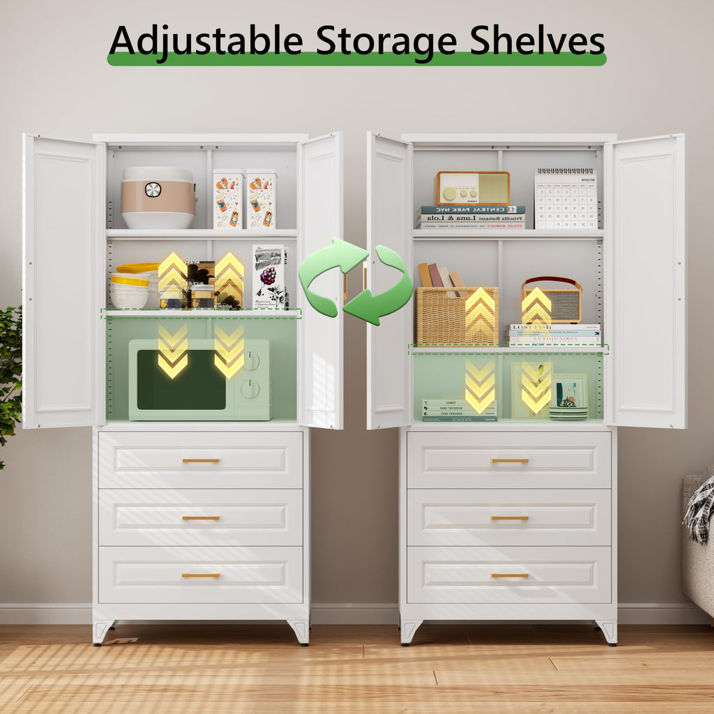 75" Tall Metal Kitchen Storage Cabinet,White Kitchen Pantry Storage Cabinet with Doors and 4 Adjustable Shelves,Utility Cabinet for Living Room,Garage,Dining Room and Office,Assemble Required