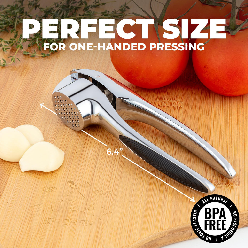 Zulay Kitchen Premium Garlic Press Set - Rust Proof Professional Garlic Mincer Tool - Easy-Squeeze, Easy-Clean with Soft, Ergonomic Handle - Silicone Garlic Peeler & Brush (Silver)