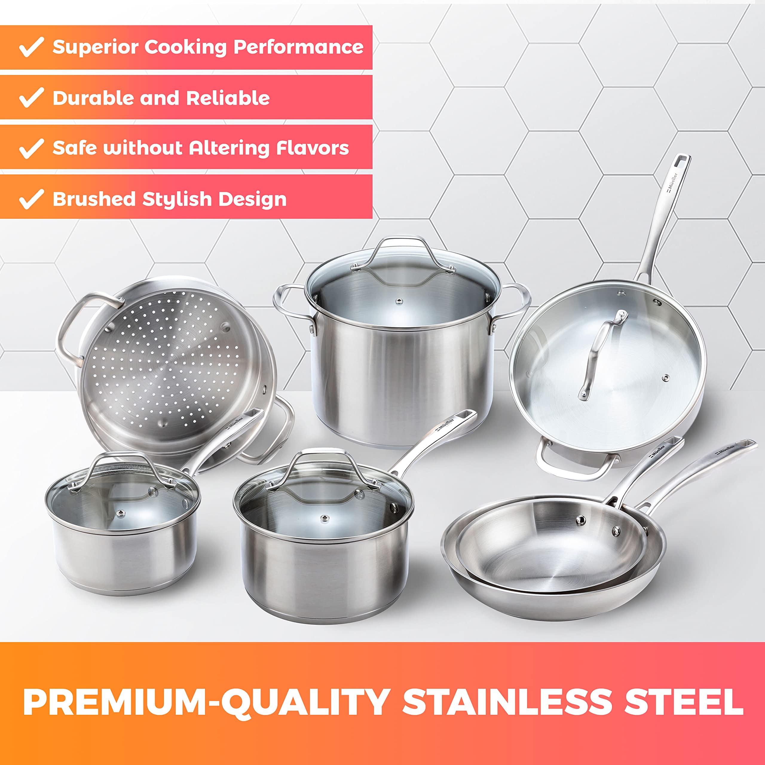 Mueller Pots and Pans Set 17-Piece, Ultra-Clad Pro Stainless Steel Cookware Set, Ergonomic EverCool Handle, Induction Cookware, Includes Saucepans, Skillets, Dutch Oven, Stockpot, Steamer For Cooking