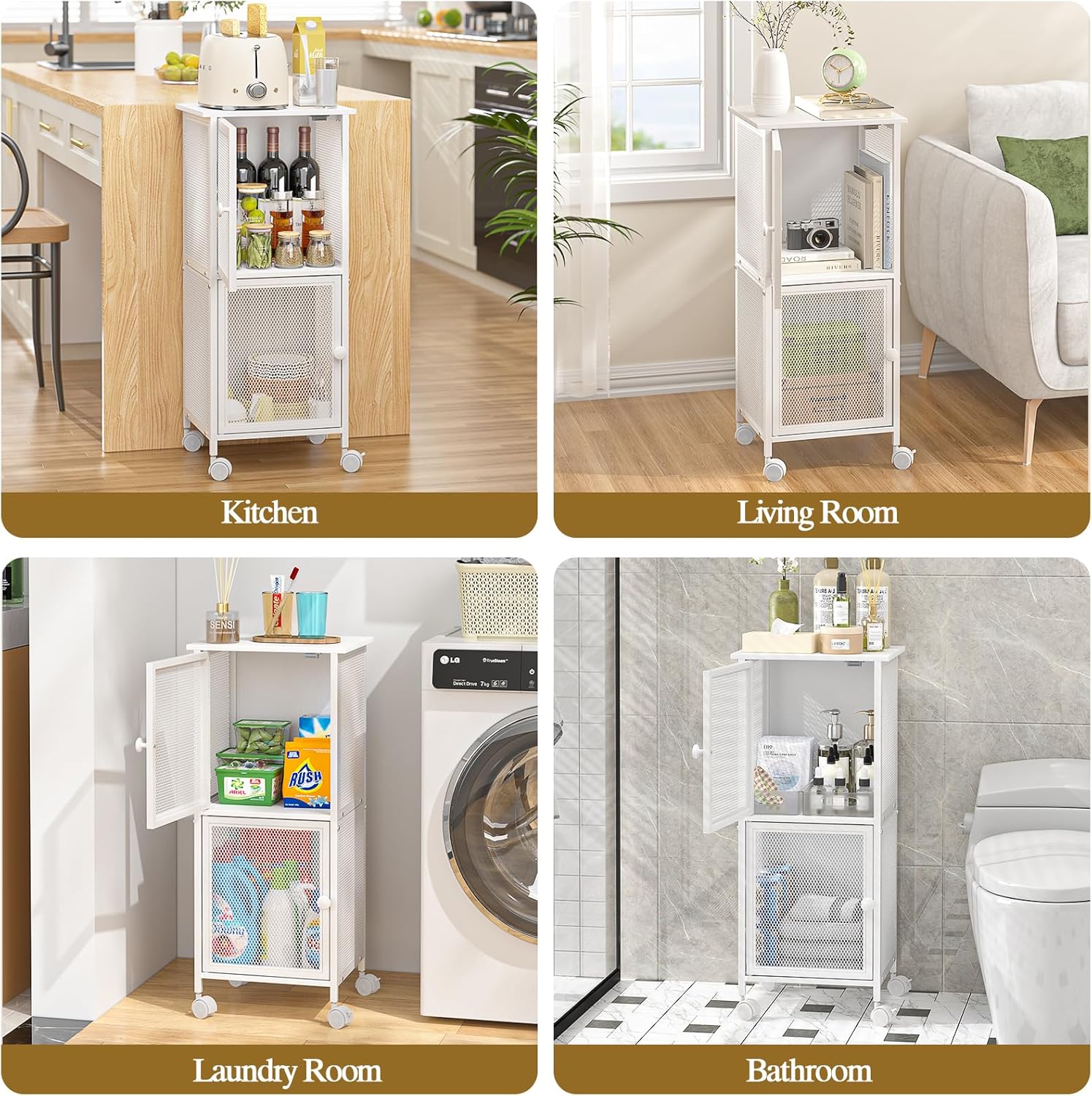 Small Bathroom Storage Cabinet with Movable Wheels, Wooden Bathroom Standing Shelf with 2 Metal Doors, Slim Bathroom Storage Cart for Small Spaces, Laundry, Kitchen, Narrow stand Storage Unit, White