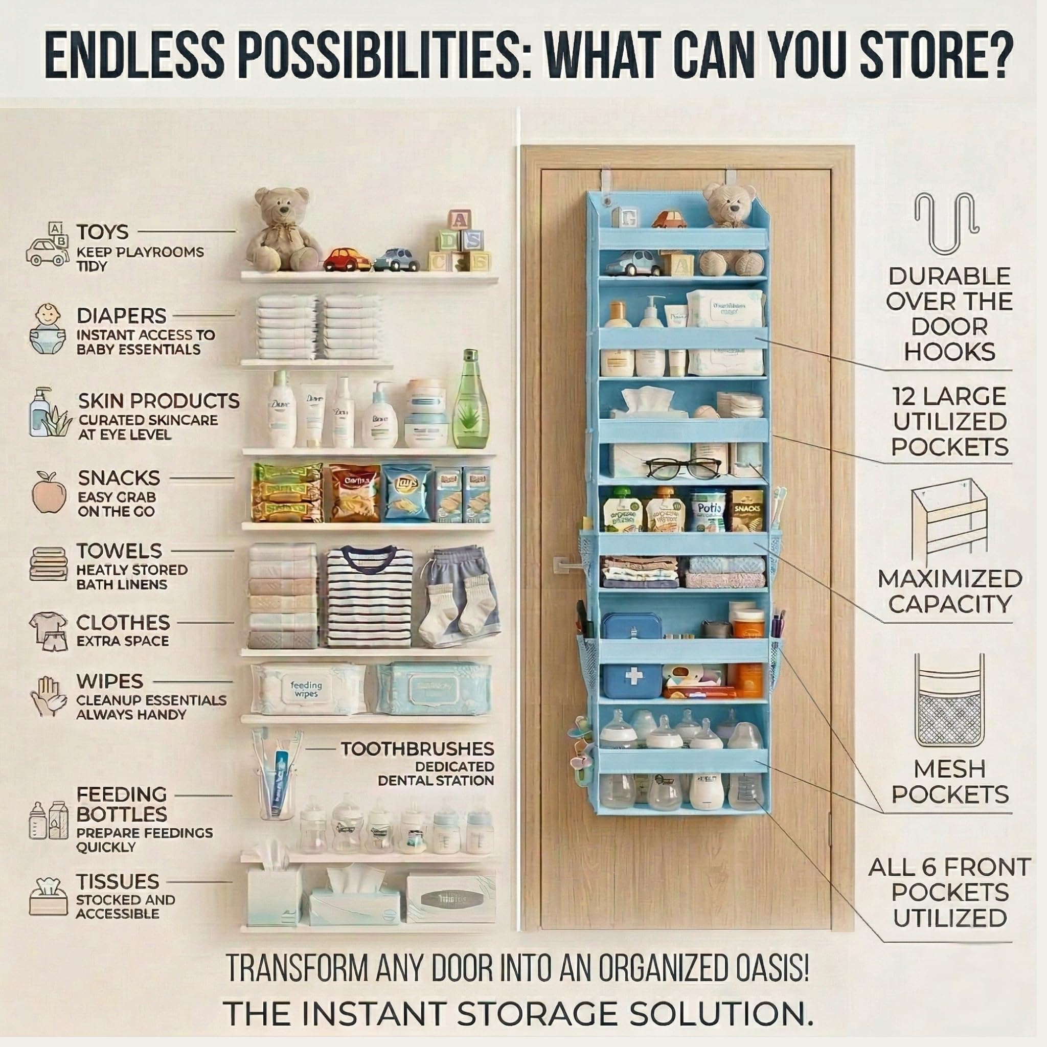 HOMELUX THEORY UPGRADED 6 Tiers Over The Door Organizer Hanging - 100D EXTRA THICK & 50lbs HUGE CAPACITY, 12 Side Mesh Pockets Over The Door Shoe Organizer, Hanging Closet Organizer (Ivory, 1pc)