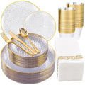 DaYammi 350PCS Clear Gold Plastic Dinnerware Set for 50 Guests, Hammered Disposable Plates for Party, Include: 50 Dinner Plates, 50 Dessert Plates, 150 Gold Silverware, 50 Napkins, 50 Cups