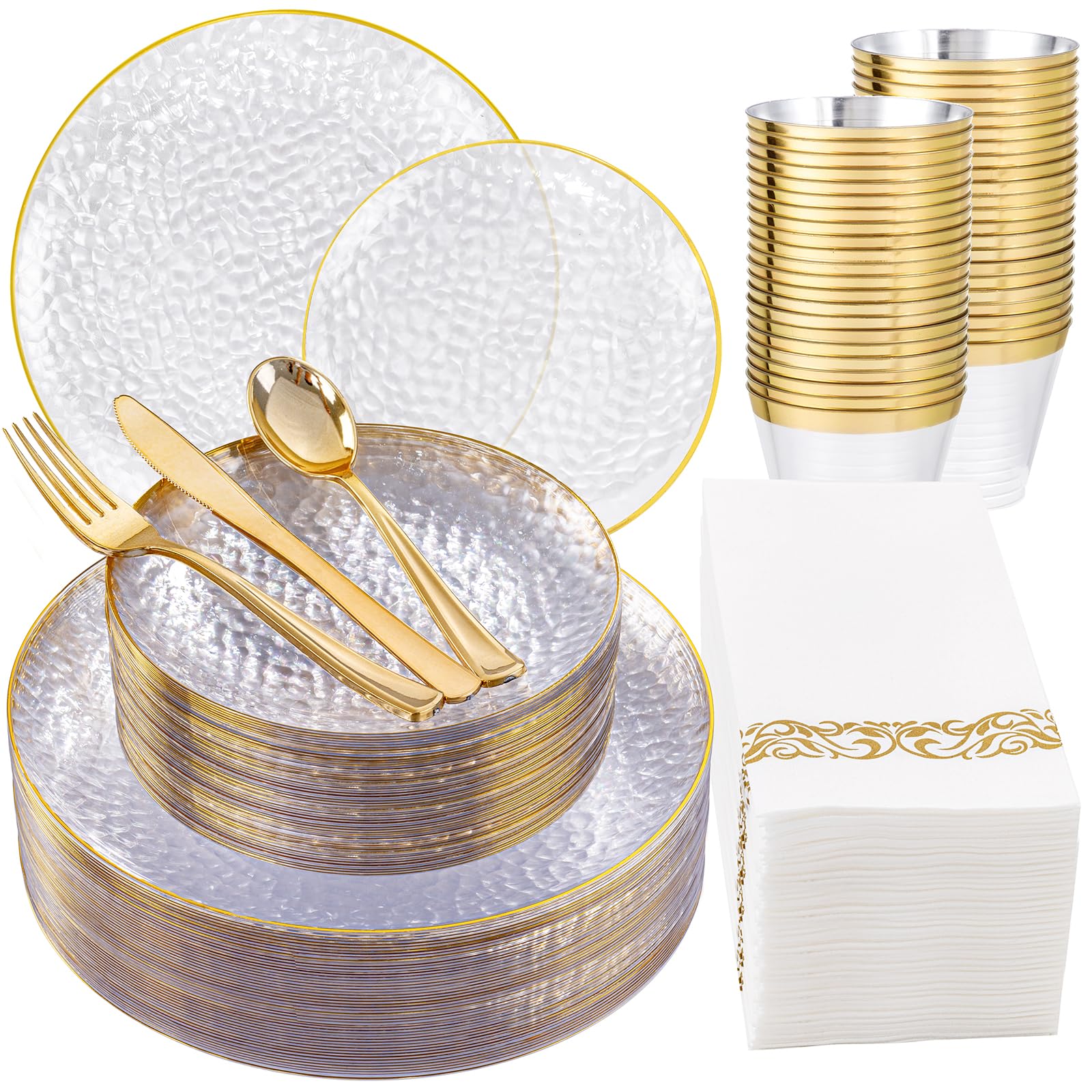 DaYammi 350PCS Clear Gold Plastic Dinnerware Set for 50 Guests, Hammered Disposable Plates for Party, Include: 50 Dinner Plates, 50 Dessert Plates, 150 Gold Silverware, 50 Napkins, 50 Cups