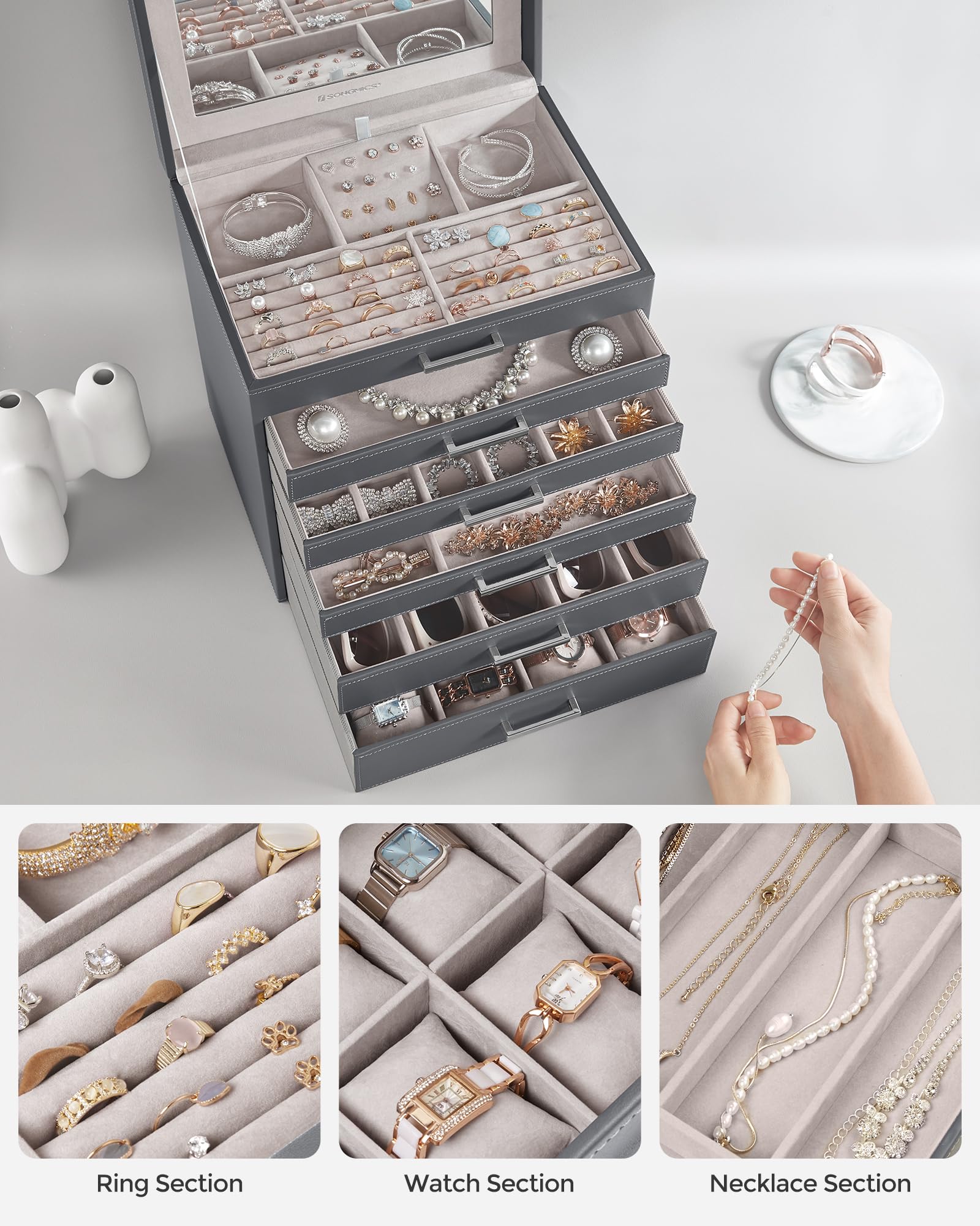 SONGMICS 3-Tier Jewelry Box, Travel Jewelry Case with Handle, 2 Drawers, Lockable Jewelry Organizer with Mirror, Jewelry Storage, Modern Style, Gift for Loved Ones, White UJBC154W01