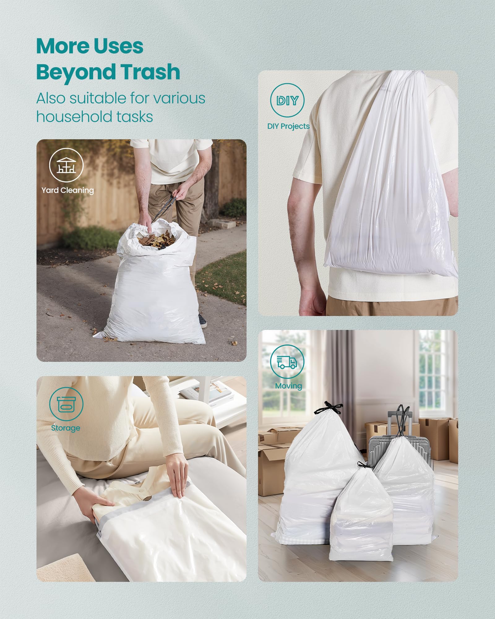 SONGMICS Trash Bags for 8-Gallon (30 L) Trash Cans, Drawstring Kitchen Garbage Bags, Pre-Separated, Liner Code 30A, 2 Rolls, 90 Count, White UKRB30A02