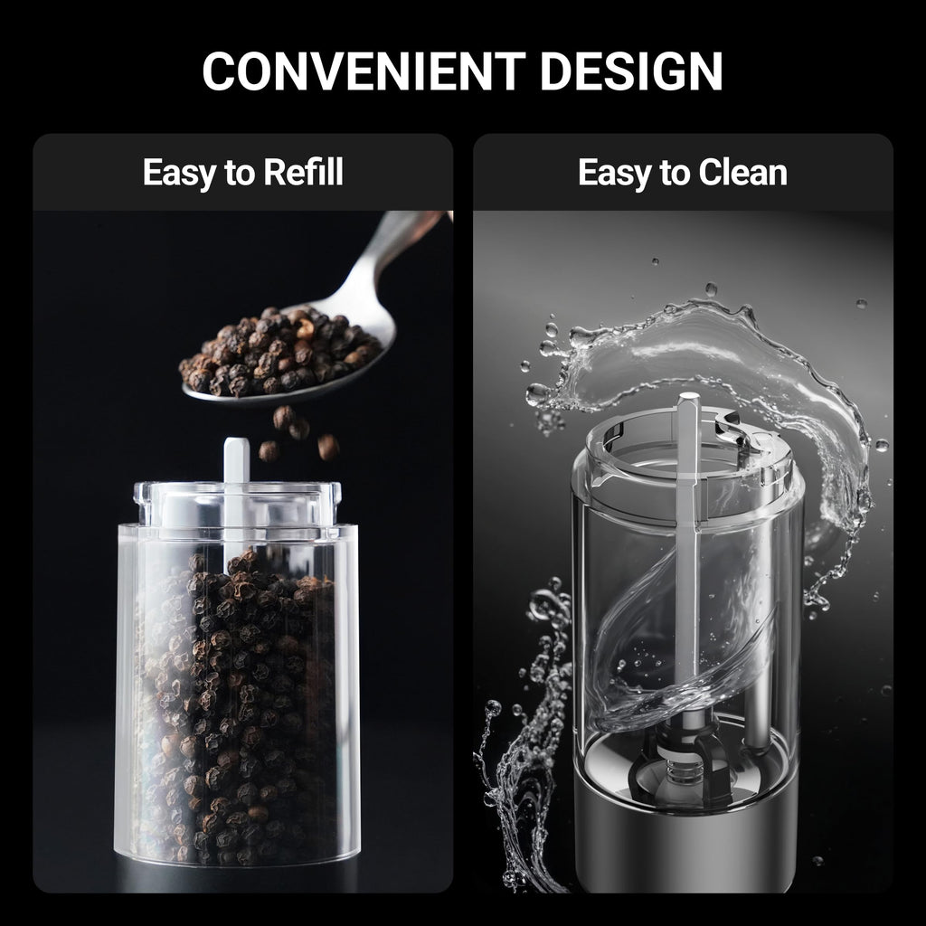ThermoMaven Upgraded Larger Capacity Electric Salt and Pepper Grinder Set, 110ml Rechargeable Salt and Pepper Shaker with LED Light, Stainless Steel Automatic Pepper Mill with 6 Adjustable Coarseness