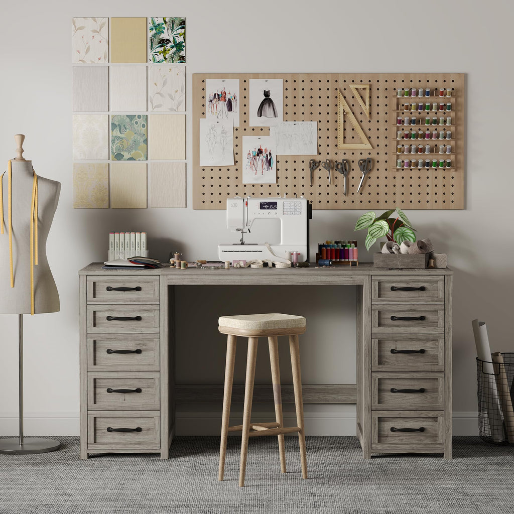 WOPITUES 60" Boho Home Office Desk with 10 Wooden Drawers, Rattan Computer Writing Desk with Power Outlets, Large Executive Desk with Storage Cabinet for Work Study Writing Craft, Black & Brown