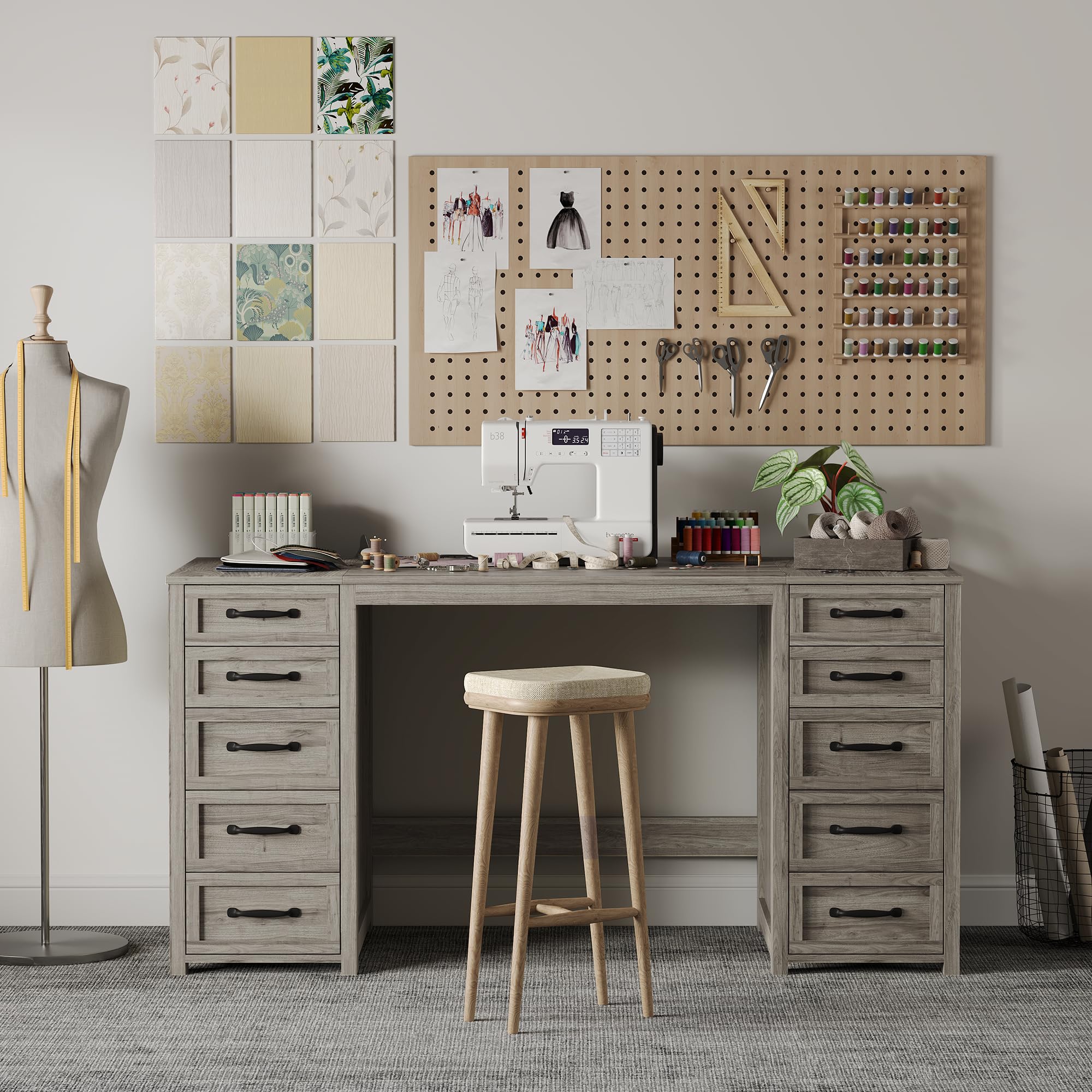WOPITUES 60" Boho Home Office Desk with 10 Wooden Drawers, Rattan Computer Writing Desk with Power Outlets, Large Executive Desk with Storage Cabinet for Work Study Writing Craft, Black & Brown