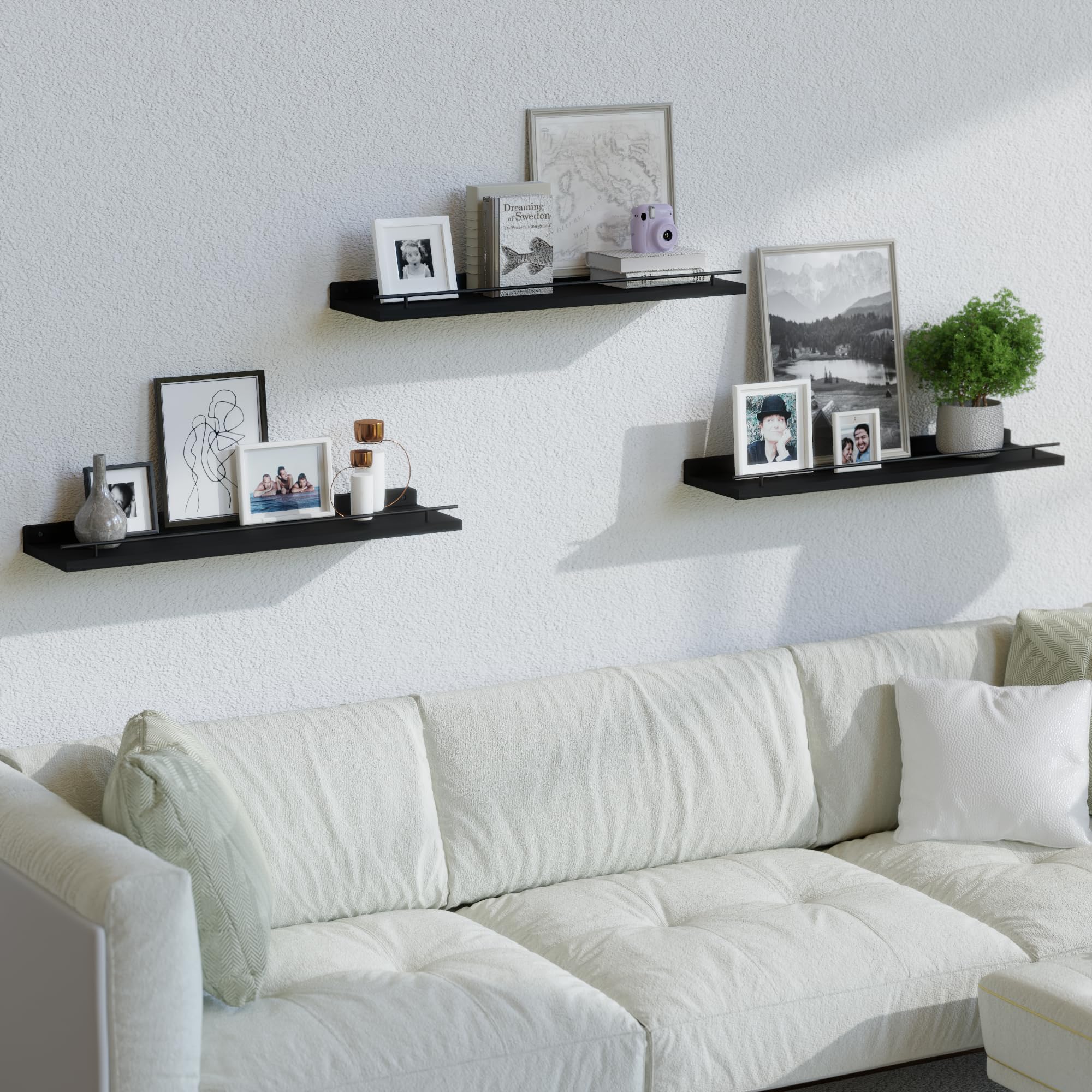 WOPITUES Floating Shelves with Black Metal Guardrail, Shelves for Wall Decor Set of 3, Wall Shelves for Bedroom, Bathroom, Kitchen, Living Room, Plants, Picture Frames, Art- Black