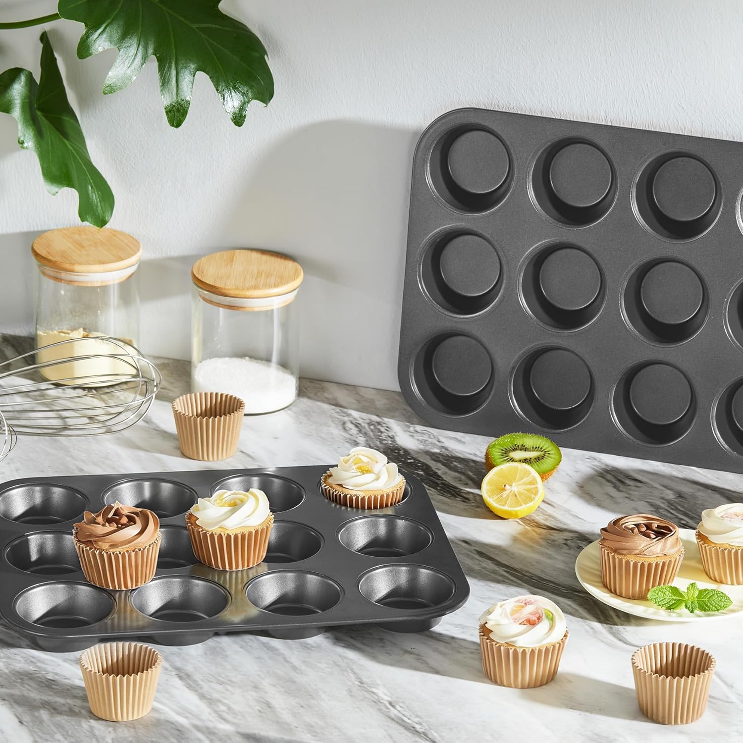 HONGBAKE Muffin Pans with 120 Liners, Cupcake Tins Nonstick 12, Premium Baking Tray, Standard Size, 2 Pack, Dark Grey