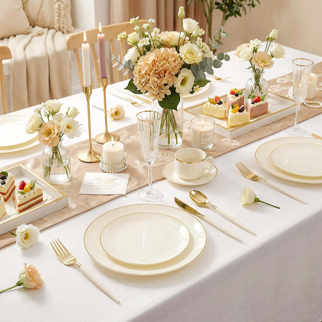 DaYammi 150Pcs Ivory Plastic Plates with Gold Rim,Disposable Plastic Plates Include 30 Dinner Plate,30 Salad Plate,30 Forks,30 Spoons,30 Knives,Ivory and Gold Plates for Party,Wedding,Mother's Day