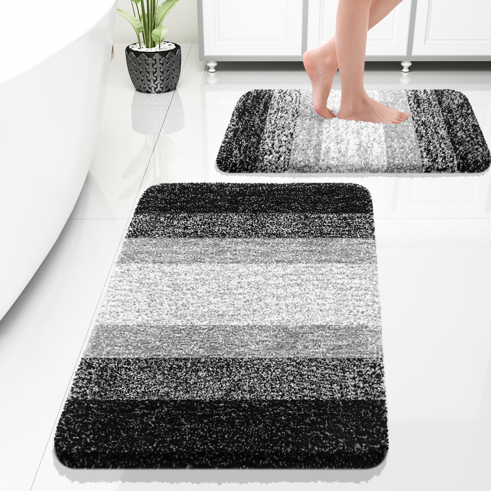 OLANLY Bathroom Rug Set 2 Piece, Soft Absorbent Microfiber Bath Mats and U-Shaped Contour Toilet Rug, Non-Slip, Machine Wash Dry, Plush Shaggy Bath Mats for Bathroom (24"x16"+24"x20", Grey)