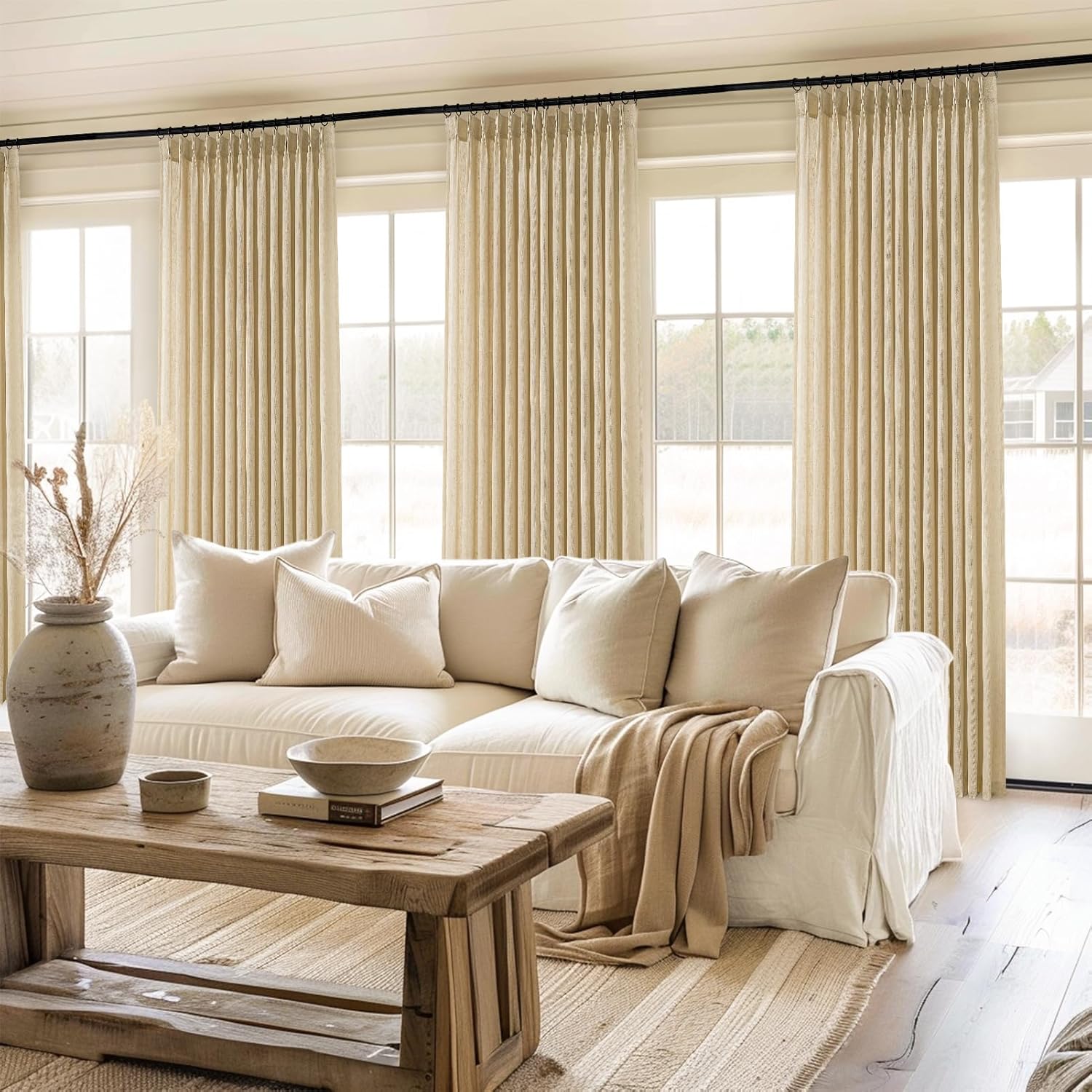 Topfinel Natural Linen Pinch Pleated Curtains 100 Inch Length 2 Panels for Bedroom,Textured Linen Farmhouse Boho Semi Sheer Window Curtain Back Tab Pinch Pleat Drapes with Hooks 100 Inches Long