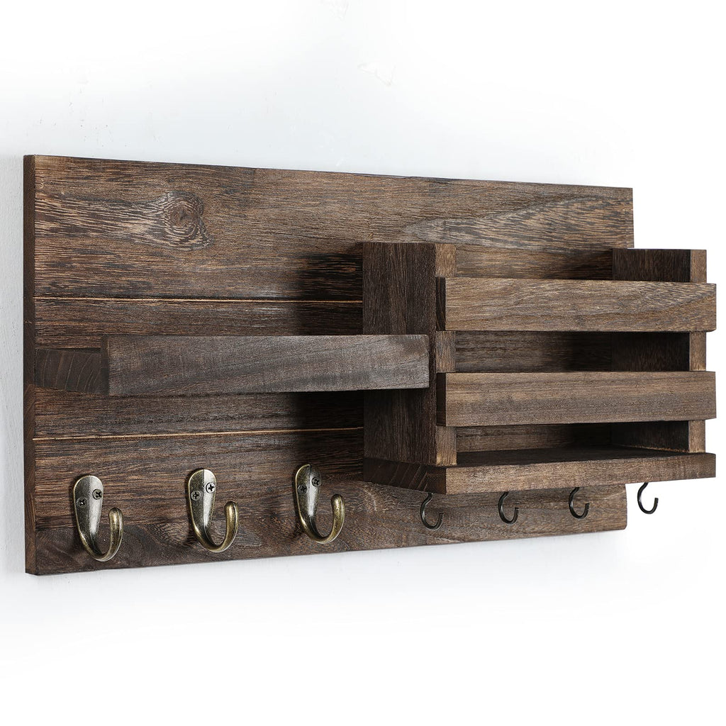 Mail Organizer for Wall Mount – Key Holder with Shelf Includes Letter Holder and Hooks for Coats, Dog Leashes – Rustic Wood with Flush Mounting Hardware (16.5” x 8.7” x 3.5”)