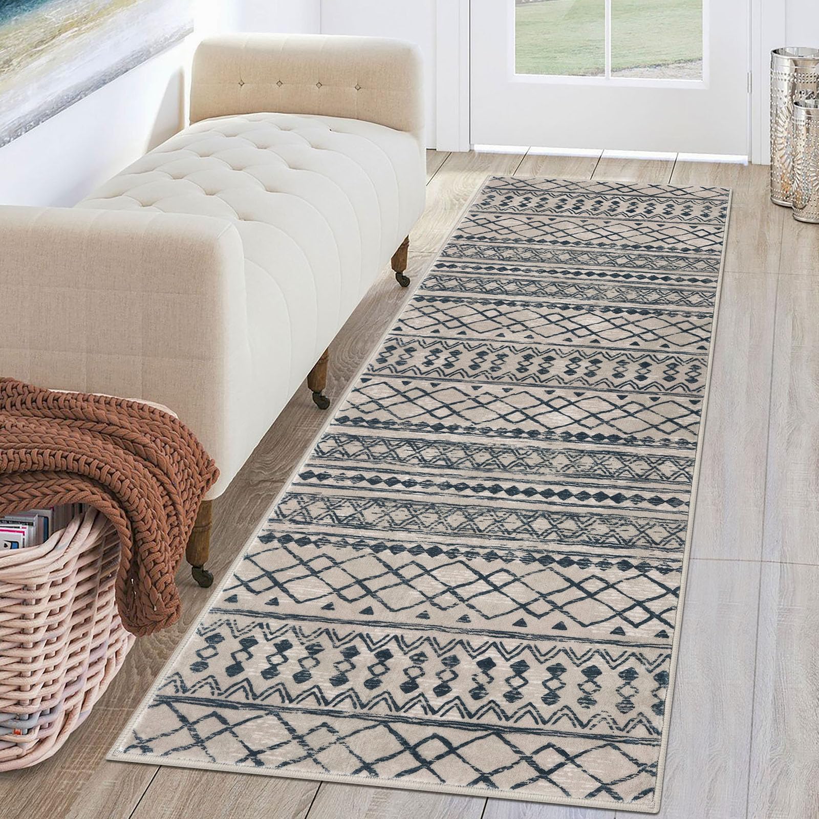 KUTA Washable Non-Slip Rugs for Entryway 2x3, Grey Moroccan Boho Small Area Rug, Ultra Soft Vintage Geometric Low-Pile Indoor Door Mat Floor Carpet for Indoor, Entrance, Kitchen, Bathroom, Bedroom