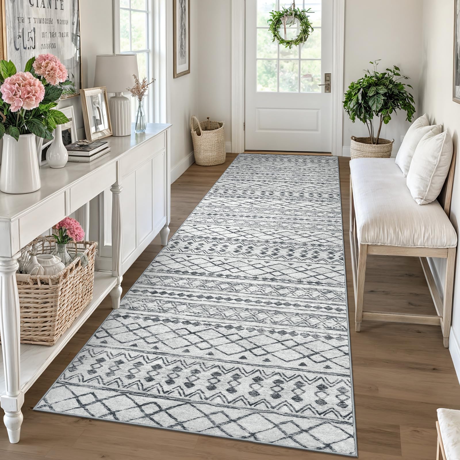 KUTA Washable Non-Slip Rugs for Entryway 2x3, Grey Moroccan Boho Small Area Rug, Ultra Soft Vintage Geometric Low-Pile Indoor Door Mat Floor Carpet for Indoor, Entrance, Kitchen, Bathroom, Bedroom
