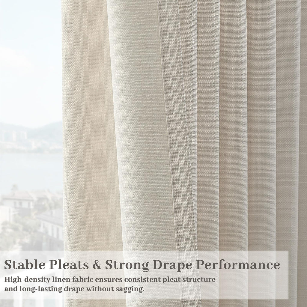 Pinch Pleated Linen Curtains 96 Inches Extra Long Olive Green Drapes, Thick Linen Light Filtering Memory Trained Pleat Curtain for Living Room and Bedroom Privacy 2 Panels Texture with Back Tab