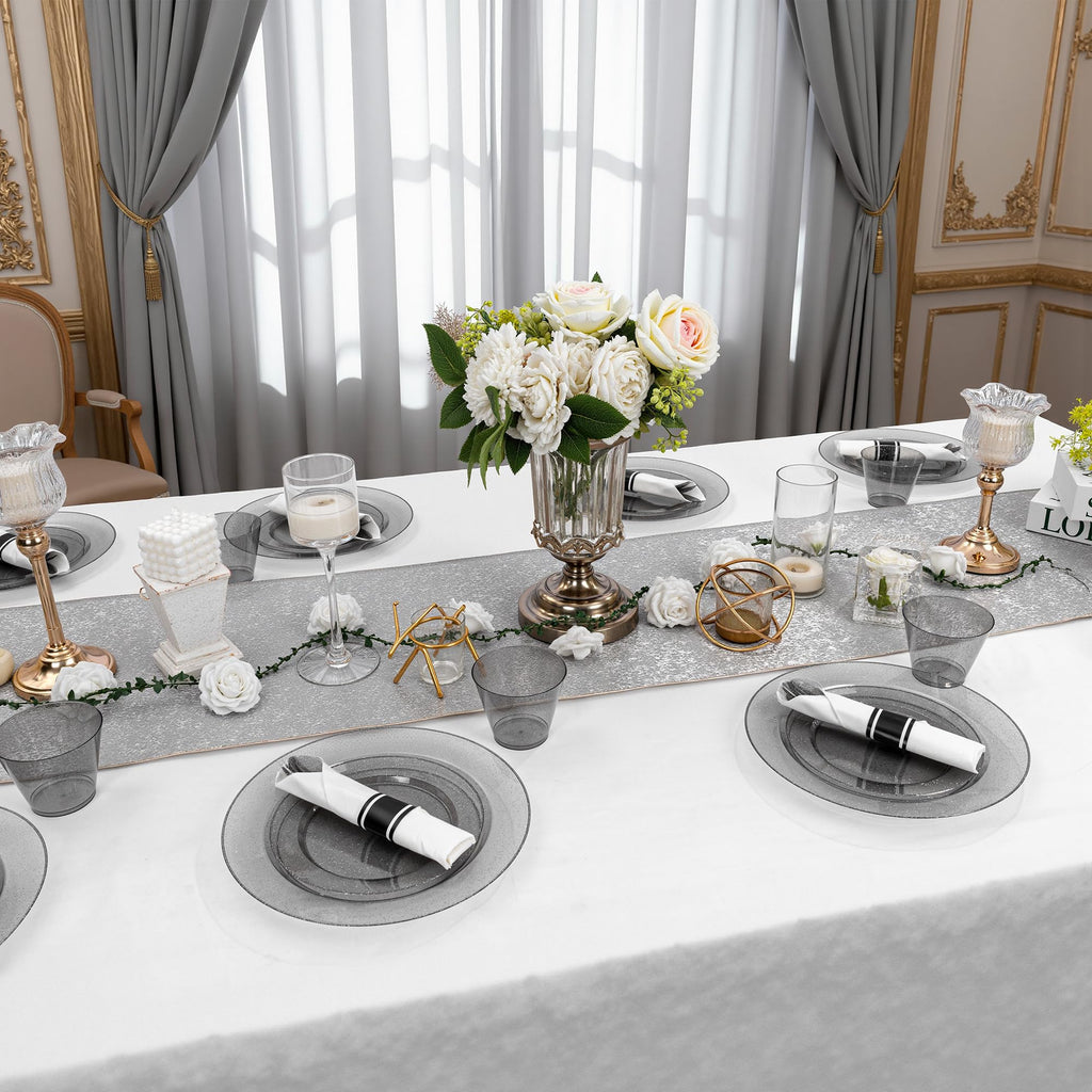 DaYammi 350PCS Gold Plastic Dinnerware Set for 50 Guests, Fancy Disposable Plates for Party, Include: 50 Dinner Plates, 50 Dessert Plates, 50 Pre Rolled Napkins with Gold Silverware, 50 Cups